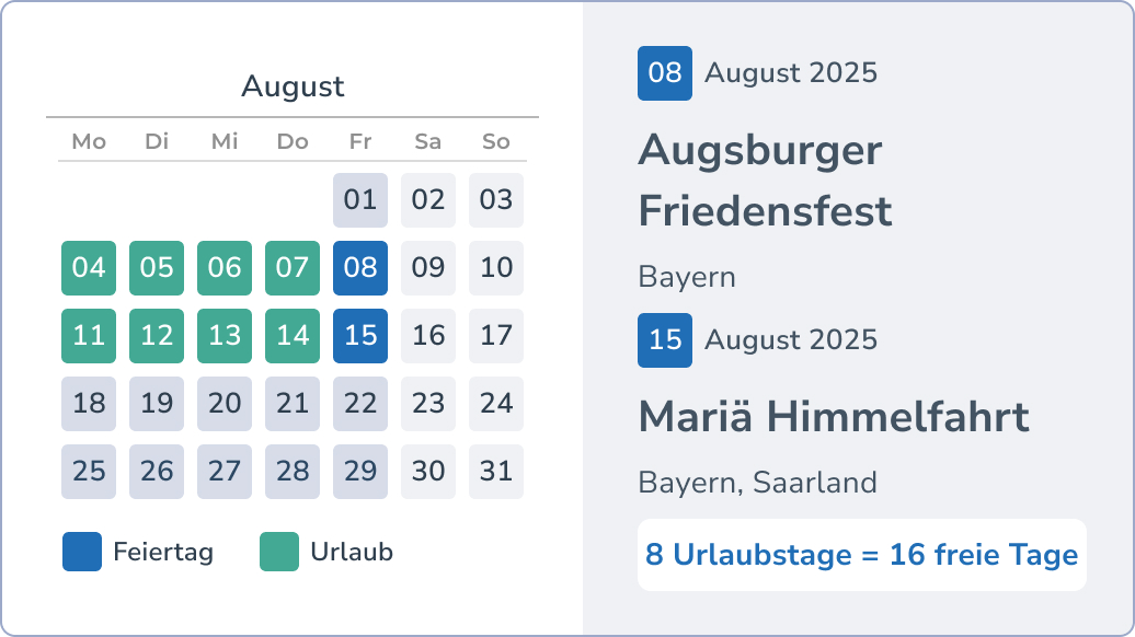 Brückentage und Urlaub im August - Augsburger Friedensfest und Mariä Himmelfahrt