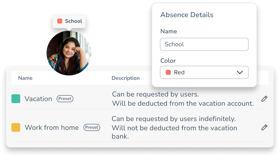 Custom settings for absence management types, user profiles, public holidays, school vacations and much more