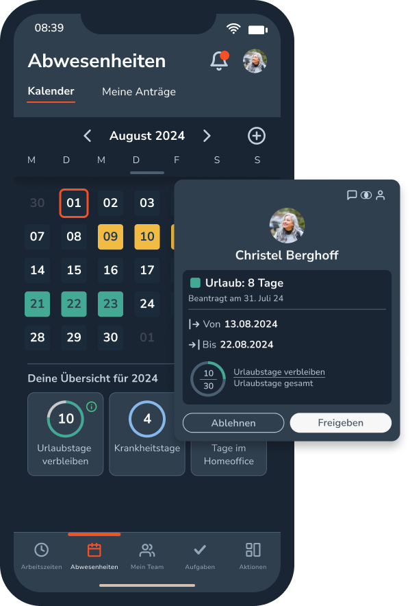 Personizer Abwesenheitskalender Mobile App (Screenshot)