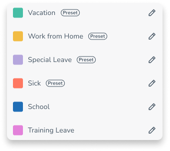 Predefined absence types such as work from home or vacation 