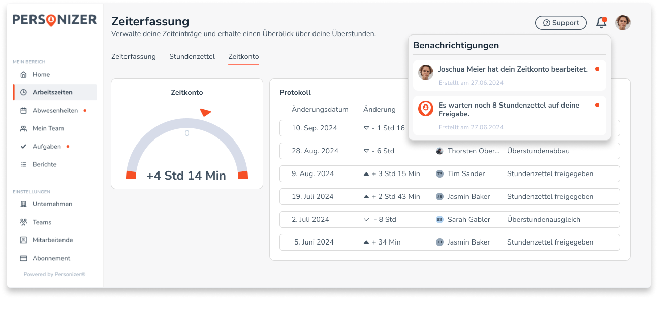 Personizer Arbeitszeitkonto Desktop (Screenshot)