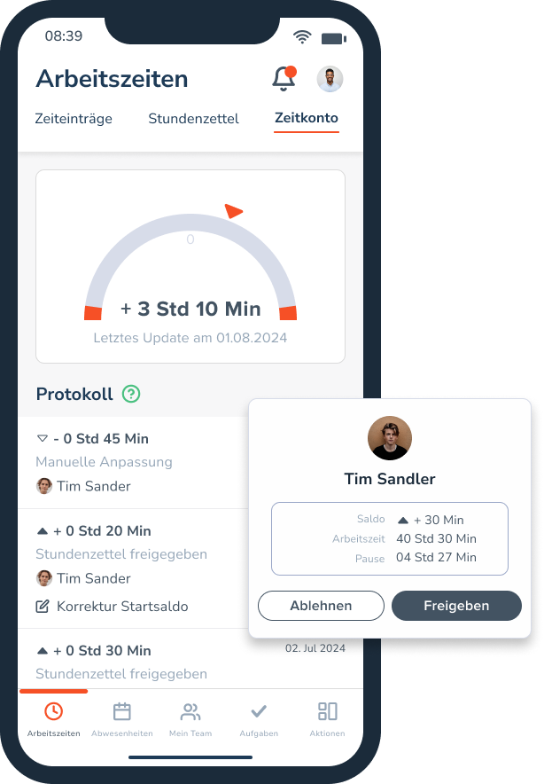 Personizer Arbeitszeitkonto Mobile App (Screenshot)