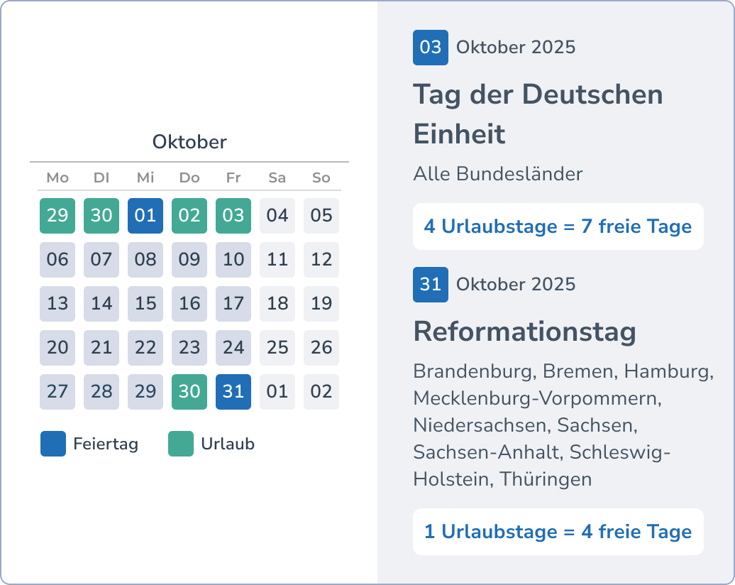 Brückentage und Urlaub im Oktober - Reformationstag und Tag der deutschen Einheit